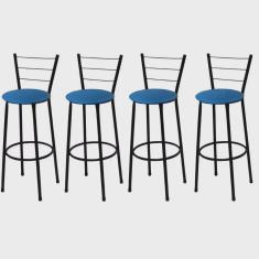 Imagem de Kit 4 Banquetas Médias Preta com Encosto Assento Azul