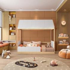 Imagem de Cama Reversivel Casinha com Telhado, Led e Grade Dupla Frontal New Garden Casatema Branco/Natural