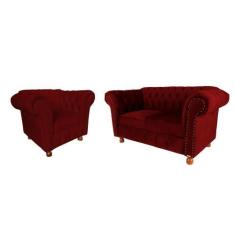Imagem de Conjunto Sofa Namoradeira Chesterfield Capitone Luis Xv Suede Bordo /
