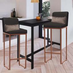 Imagem de Kit 02 Banqueta Alta com Encosto Lucca Industrial Cozinha Balcão Ferro Bronze Suede Cinza e Almofada Bege - Ahazzo Móveis