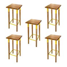 Imagem de Kit 5 Banquetas Bistro Industrial Colors Ferro E Madeira Maciça - Amarela Amarelo