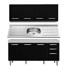 Imagem de Armário Aéreo Panamá e Balcão Gabinete Áustria com Pia Inox 160cm Branco/Preto - Lumil Móveis