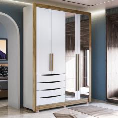 Imagem de Guarda-Roupa Solteiro 100% Mdf Kappesberg 8 Espelhos 4 Portas 4 Gavetas Branco/Nogueira