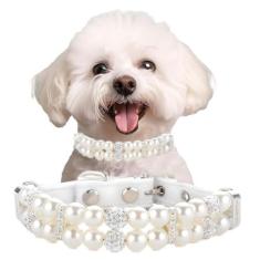 Imagem de Coleiras pequenas para cães fêmeas, coleira de cachorro de pérola, colar de gato de couro sintético fofo com diamante de strass de cristal para filhotes, PP, cães, pequenos, médios, casamentos, festas