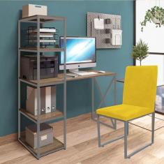 Imagem de Kit Escritório Mesa Max BeX 5 Prateleiras e Cadeira Stan Cinza Tampo Madeira Suede Amarelo - Ahz Móveis