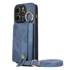 Imagem de LXURY Capa carteira de couro para iPhone 15 Pro Max/15 Pro/15 Plus/15, capa de telefone com fecho magnético com alça de pulso e compartimento para cartão, capa de negócios macia, azul, 15 Pro Max