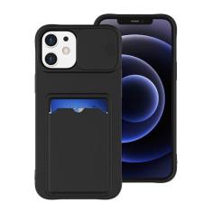 Imagem de Slide Camera Protection Wallet Holder Card Bag Phone Case para iPhone 15 14 12 11 13 Pro Max X XR XS 7 8 Plus Capa de silicone macia, preta, para iphone 12 Mini