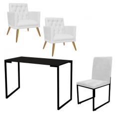 Imagem de Kit Escritório Stan 2 Poltronas Maria com Cadeira e Mesa Industrial Tampo Preto Corino Branco - Ahz Móveis