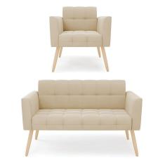 Imagem de Kit 1 Sofá Namoradeira E 1 Poltrona Elisa Suede Pés Palito Natural - D`rossi Cor Bege