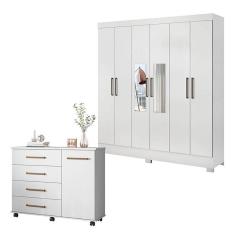 Imagem de Cômoda Flora e Guarda Roupa Casal Prático Branco com Espelho - Demóbile