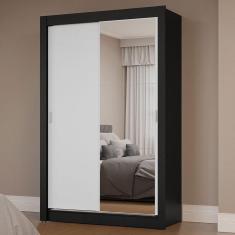 Imagem de Guarda-roupa Solteiro 2 Portas De Correr Com Espelho Preto/branco Milano Madesa Preto/branco