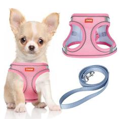 Imagem de Conjunto de arnês e coleira para cães pequenos – Arnês para filhotes de cachorro ultra macio ajustável sem puxar com alça refletiva