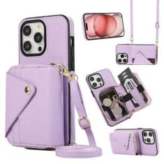 Imagem de Capa de couro com cordão crossbody para iPhone 15 Pro Max 13 12 11 14 Plus XR XS 7 8 SE 2022 Cartões Solt Carteira Bolsa Capa de bolso, roxo DF08, para iPhone 12Pro Max