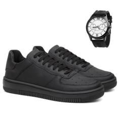Imagem de Tenis Air Couro Eco Leve Preto Branco Force Kit Com Relógio - Marchi S