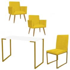 Imagem de Kit Escritório Stan 2 Poltronas com Cadeira e Mesa Industrial Tampo Branco Dourado Suede Amarelo - Ahz Móveis