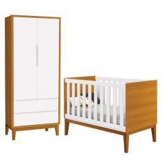 Imagem de Jogo de Quarto Infantil Guarda Roupa 2 Portas e Berço Classic Branco/savana com Pés Amadeirado - Reller Móveis