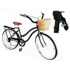 Imagem de Bicicleta urbano retrô Aro 26 cadeirinha 6v cesta vime preto - Maria C