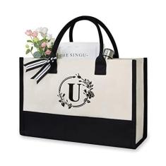 Imagem de TOPDesign Sacola de lona inicial, bolsa de presente personalizada, adequada para casamento, aniversário, praia, férias, é um ótimo presente para mulheres, mães, professores, amigas, damas de honra