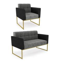 Imagem de Sofá Namoradeira E Poltrona Base Industrial Dourado Elisa Preto-linho Grafite A26 D03 - D'rossi