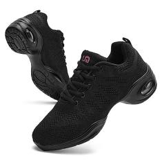 Imagem de PPQ Tênis feminino de jazz com cadarço moderno tênis de dança com almofada de ar plataforma caminhada sapatos de dança, Preto, 35