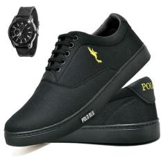 Imagem de Kit Tênis Casual Masculino Lona + Relógio Analógico - Polo Blu, Preto,
