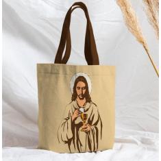 Imagem de Bolsa Sacola Artesanal de Tecido Jesus cálice bege - Core Decore