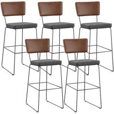 Imagem de Kit 5 Banqueta Alta Cozinha Sala Jantar Allana L02 Couríssimo Marrom Linho Cinza Escuro - Lyam Decor