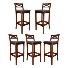 Imagem de Kit 5 Banquetas Alta Estofada Madri Madeira Castanho Suede Cinza CCS