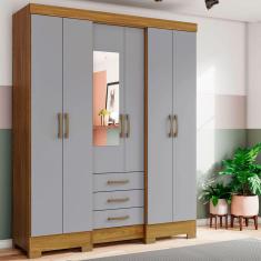 Imagem de Guarda-Roupa Solteiro Mentor 6 Portas 3 Gavetas com Espelho Nature/Cinza - Briz