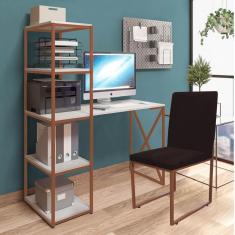 Imagem de Kit Escritório Mesa Max BeX 5 Prateleiras e Cadeira Stan Bronze Tampo Branco Suede Marrom - Ahz Móveis