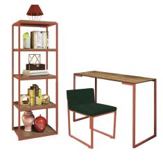 Imagem de Kit Escritório Ravi 1 Cadeira Suede Verde com 1 Mesa e 1 Livreiro Ferro Bronze MDF Caramelo - Ahazzo Móveis