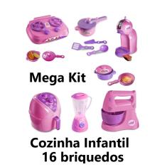 Imagem de Mega Kit Cozinha Infantil com 16 Brinquedos Fogão, Batedeira, Liquidificador, Airfryer 4 Panelinhas com acessórios