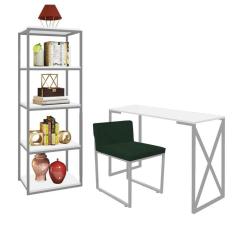 Imagem de Kit Escritório Bex 1 Cadeira Suede Verde com 1 Mesa e 1 Livreiro Ferro Cinza MDF Branco - Ahazzo Móveis