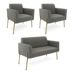 Imagem de Sofá Namoradeira E 2 Poltronas Pé De Ferro Dourado Marisa Suede D03 Grafite