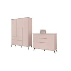 Imagem de Kit Quarto Infantil Bebê Melinda Retrô Com Pés Cômoda 3 Gavetas E Guarda Roupa 3 Portas 2 Gavetas Rosê - Phoenix Baby