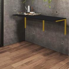 Imagem de Mesa Suspensa de Estudos Parede 120cm Escritório Suporte Dourado MDF Preto - Ahazzo Móveis