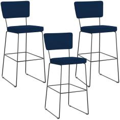 Imagem de Kit 03 Banquetas Para Cozinha Sala De Jantar Base Em Aço Allana L02 Suede Azul Marinho