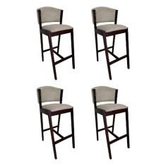 Imagem de Kit 4 Banquetas Alta De Madeira Maciça Castanho Premium Ana Com Encosto Linho Bege