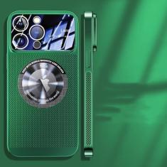 Imagem de Capa magnética de dissipação de calor para iPhone 13 11 12 14 15 Pro Max lente de vidro de malha galvanizada ampliar logotipo capa de telefone, verde, para iPhone 12
