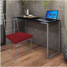 Imagem de Kit Escritório Stark Cadeira e Mesa Industrial Ferro Prata Tampo MDF Imbuia Sintético Vermelho - Ahz Móveis