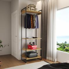 Imagem de Guarda Roupa Aberto Industrial Modulado Solteiro Canela Cabideiro Ferro Preto