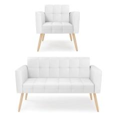 Imagem de Kit 1 Sofá Namoradeira E 1 Poltrona Elisa Corino Pés Palito Natural - D`rossi Cor Branco