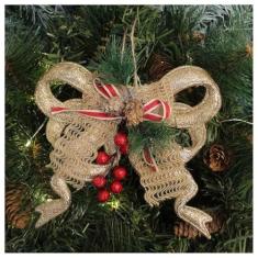 Imagem de Kit 12 Enfeite Pendente Natalino Laço Dourado Com Brilho Natal 18cm