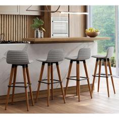 Imagem de Kit 4 Banquetas Altas Luxo Linea Aço Preto Linho Cinza Base Carvalho 