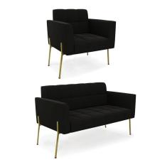 Imagem de Sofá Namoradeira E Poltrona Pé De Ferro Dourado Elisa Suede Preto D03 - D'rossi