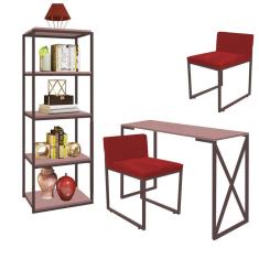 Imagem de Kit Escritório Bex 2 Cadeiras Suede Vermelho com 1 Mesa e 1 Livreiro Ferro Marrom MDF Rose Rosa - Ahazzo Móveis