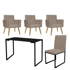 Imagem de Kit Escritório Stan 3 Poltronas com Cadeira e Mesa Industrial Tampo Preto Corino Bege - Ahz Móveis