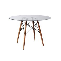 Imagem de Mesa De Jantar Vidro Eames Eiffel Redonda 110cm Base Madeira Maciça Marrom