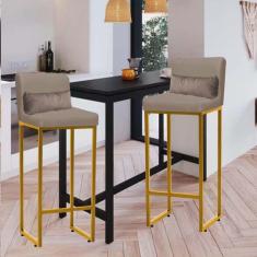 Imagem de Kit 02 Banqueta Alta com Encosto Lucca Industrial Cozinha Balcão Ferro Dourado Suede Bege e Almofada Bege - Ahazzo Móveis