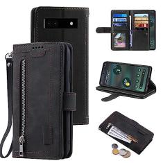 Imagem de Furiet Capa carteira compatível com Google Pixel 6A 5G 2022 para alça de pulso, suporte de couro, porta-cartões, 9 compartimentos para cartões, bolsa com zíper, suporte de couro PU, capa de celular